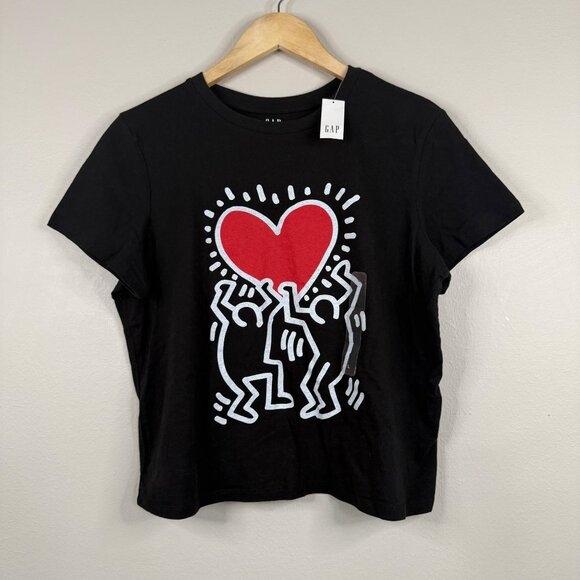 NWT Gap Shrunken T-Shirt Women's Black Keith Haring Heart Print Size L - Picture 1 of 12